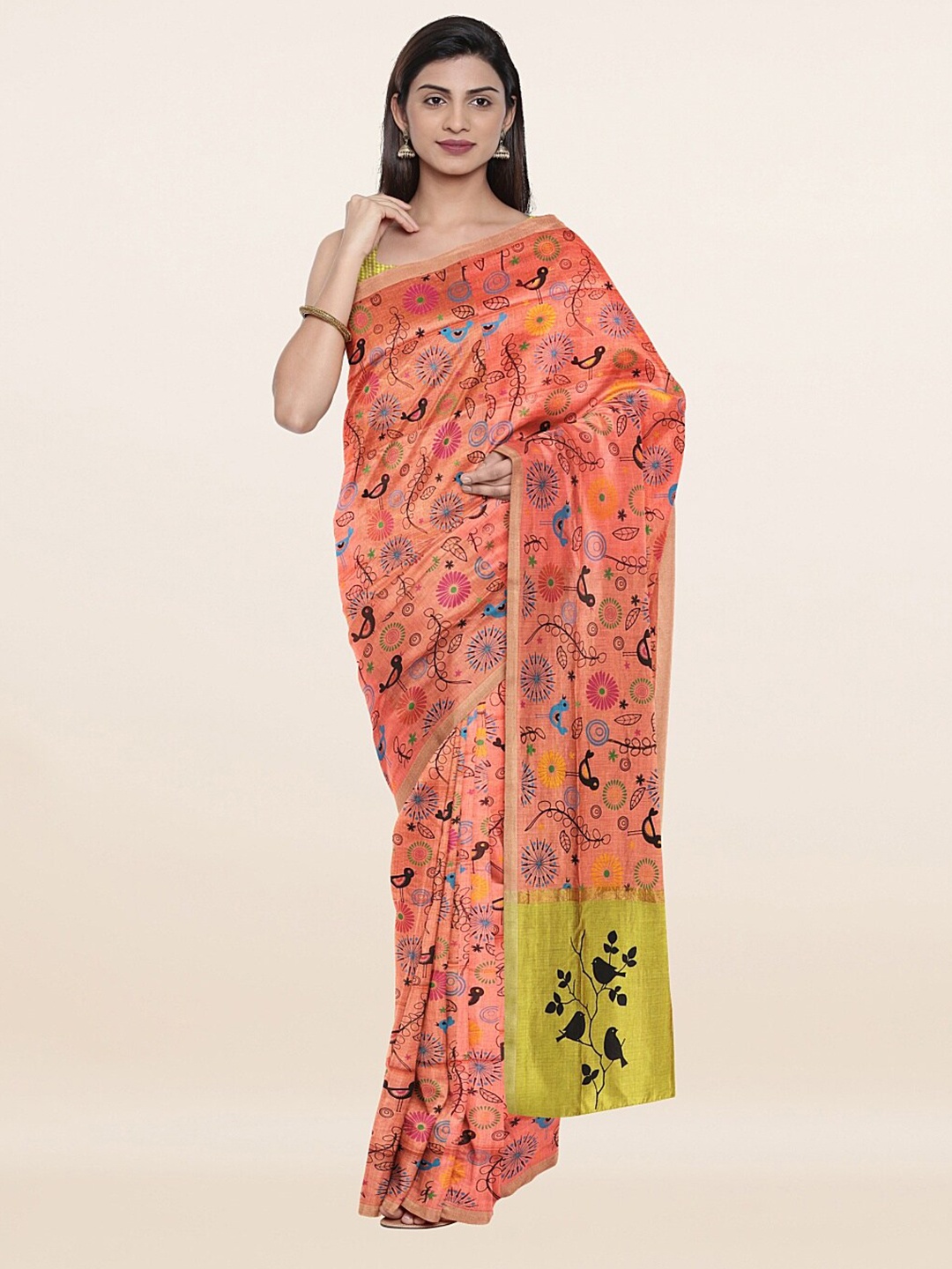 

Pothys Peach-Coloured & Yellow Zari Pure Cotton Saree