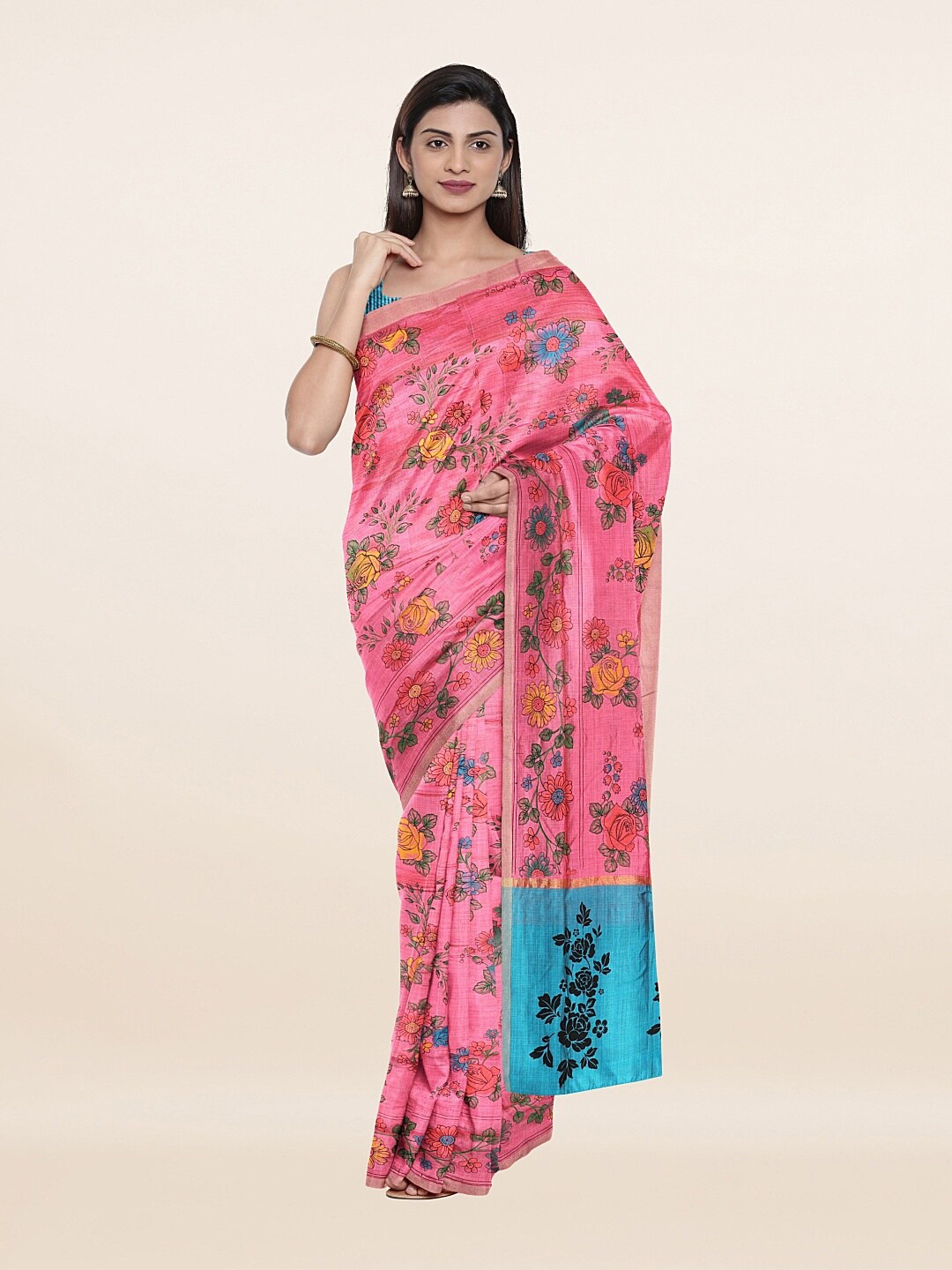 

Pothys Pink & Blue Floral Pure Cotton Saree