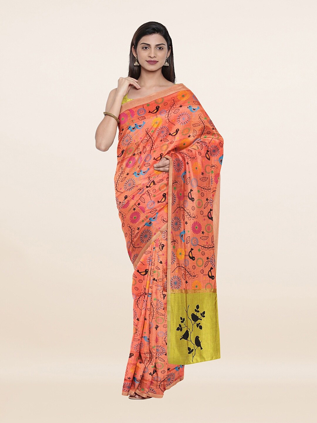 

Pothys Peach-Coloured & Green Ethnic Motifs Printed Pure Cotton Saree