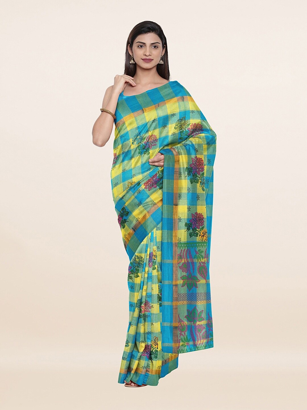 

Pothys Blue & Yellow Floral Zari Pure Cotton Saree