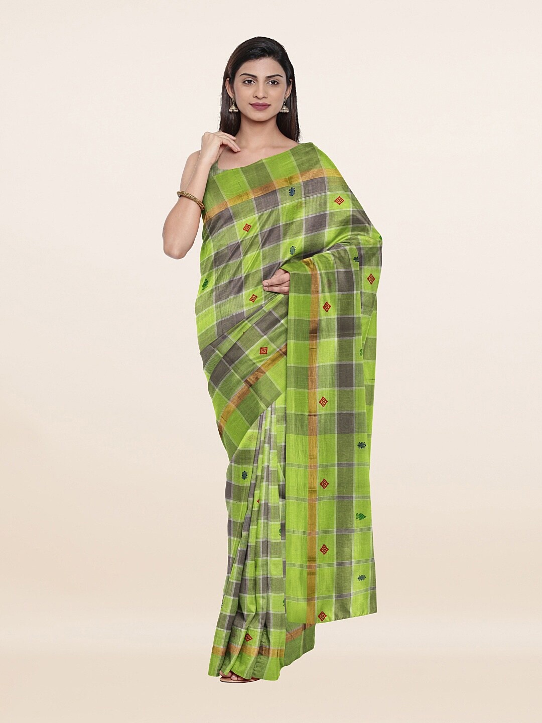 

Pothys Green & Grey Checked Pure Cotton Saree