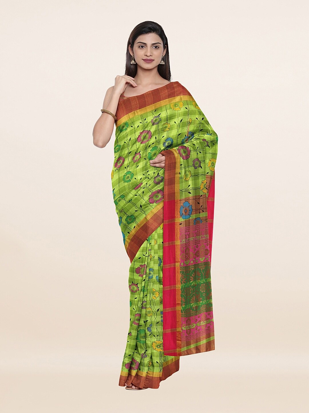 

Pothys Green & Red Floral Pure Cotton Saree