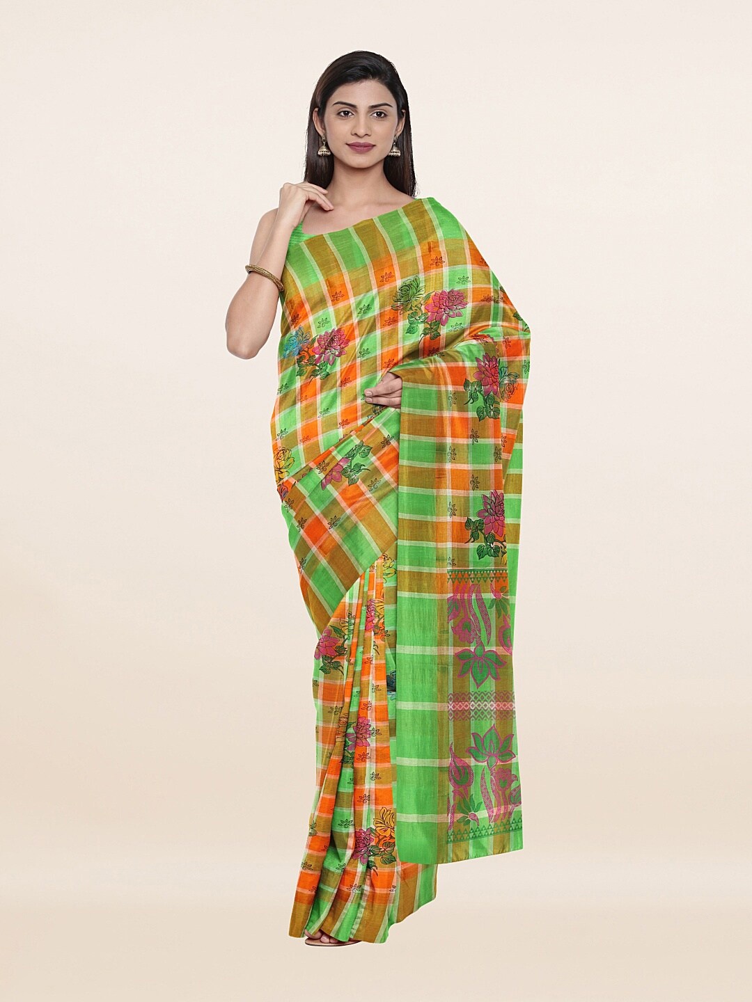 

Pothys Green & Orange Checked Zari Pure Cotton Saree