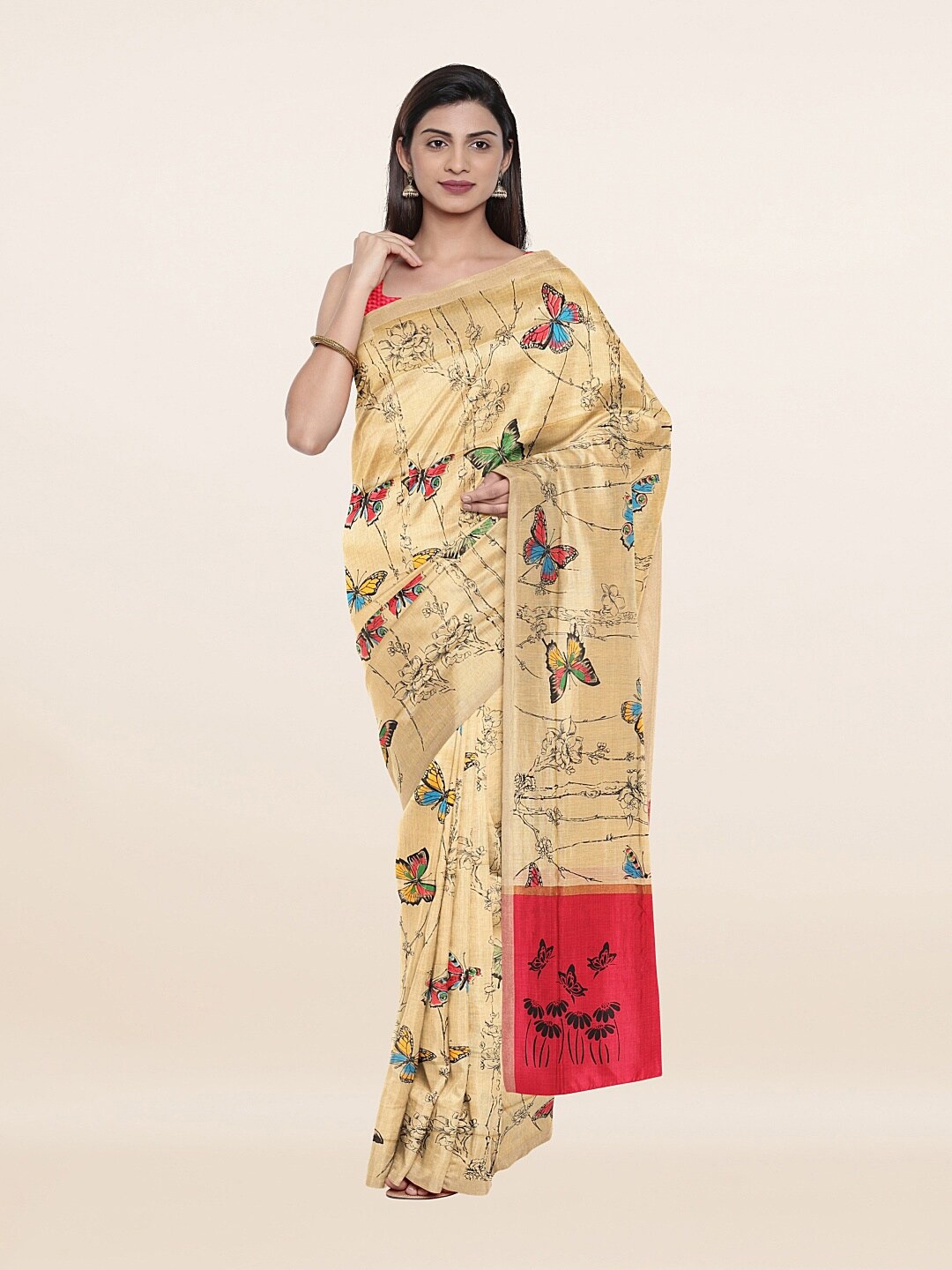 

Pothys Cream-Coloured & Green Abstract Printed Pure Cotton Saree