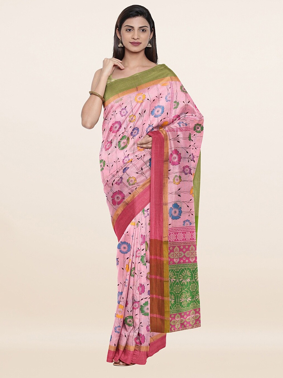 

Pothys Pink & Green Floral Pure Cotton Saree