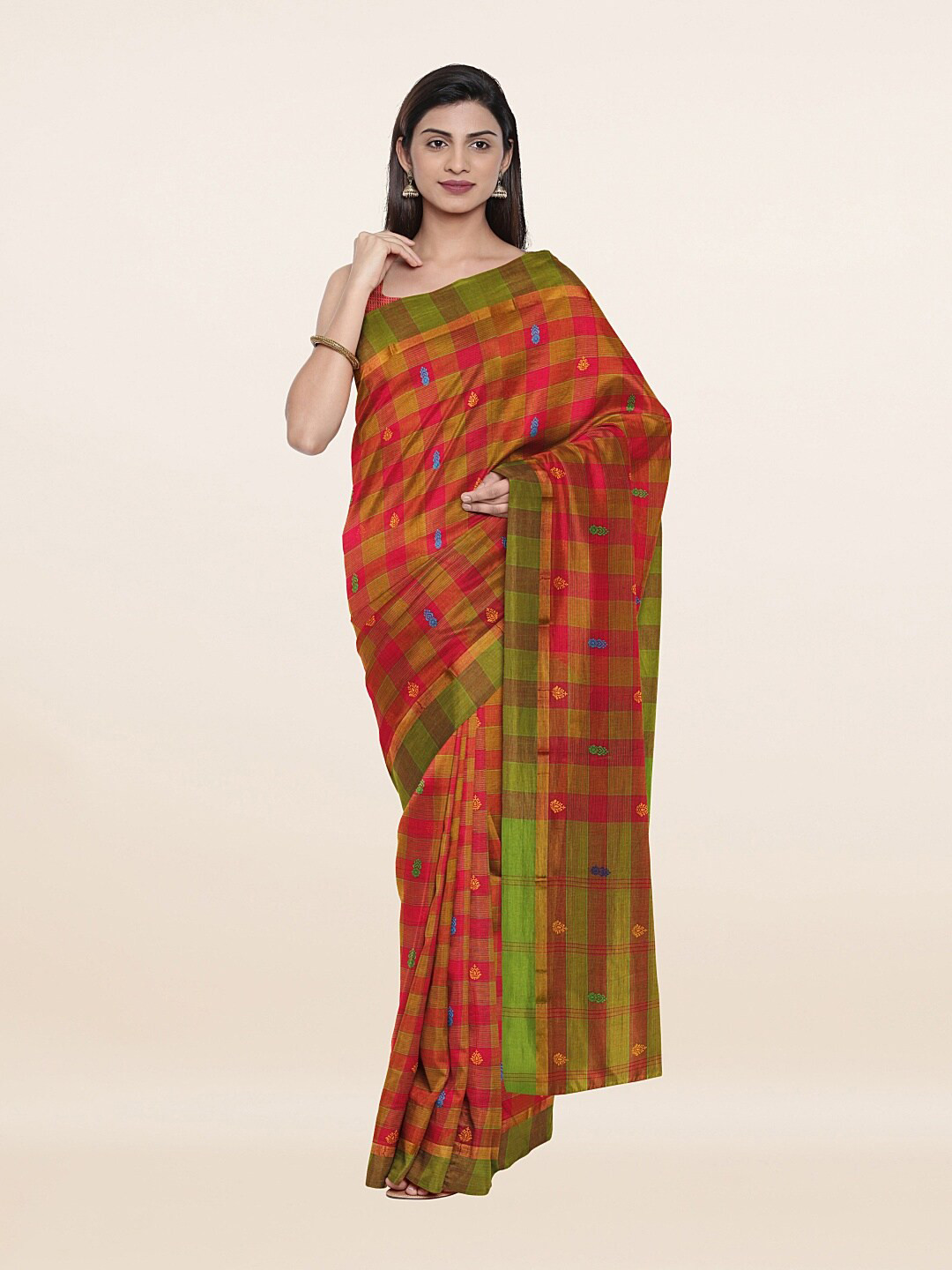 

Pothys Red & Green Checked Pure Cotton Saree