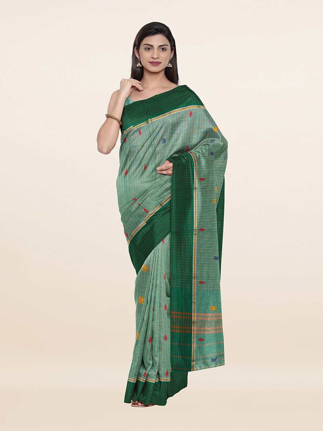 

Pothys Green & Red Floral Pure Cotton Saree