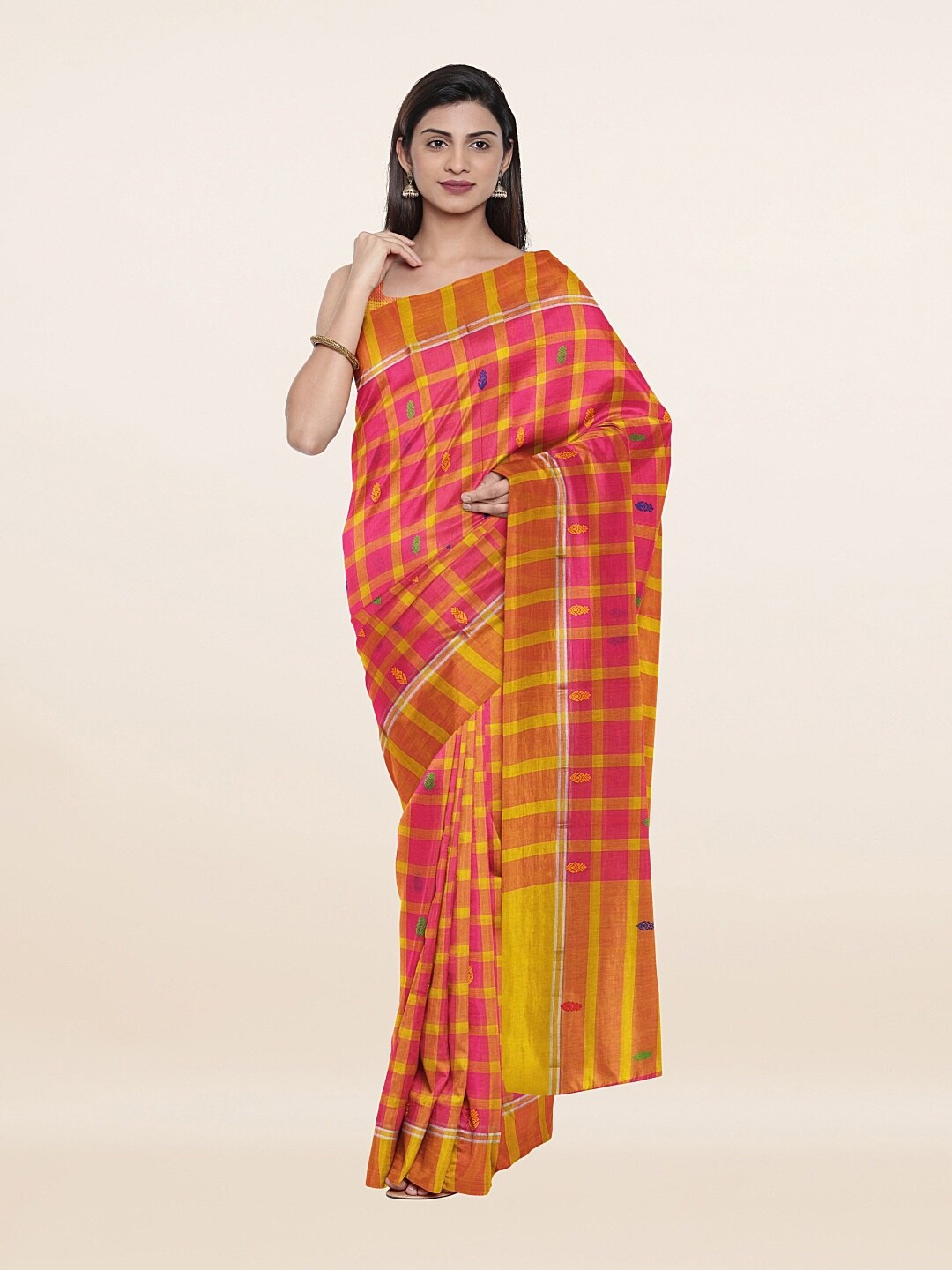 

Pothys Pink & Gold-Toned Checked Pure Cotton Saree