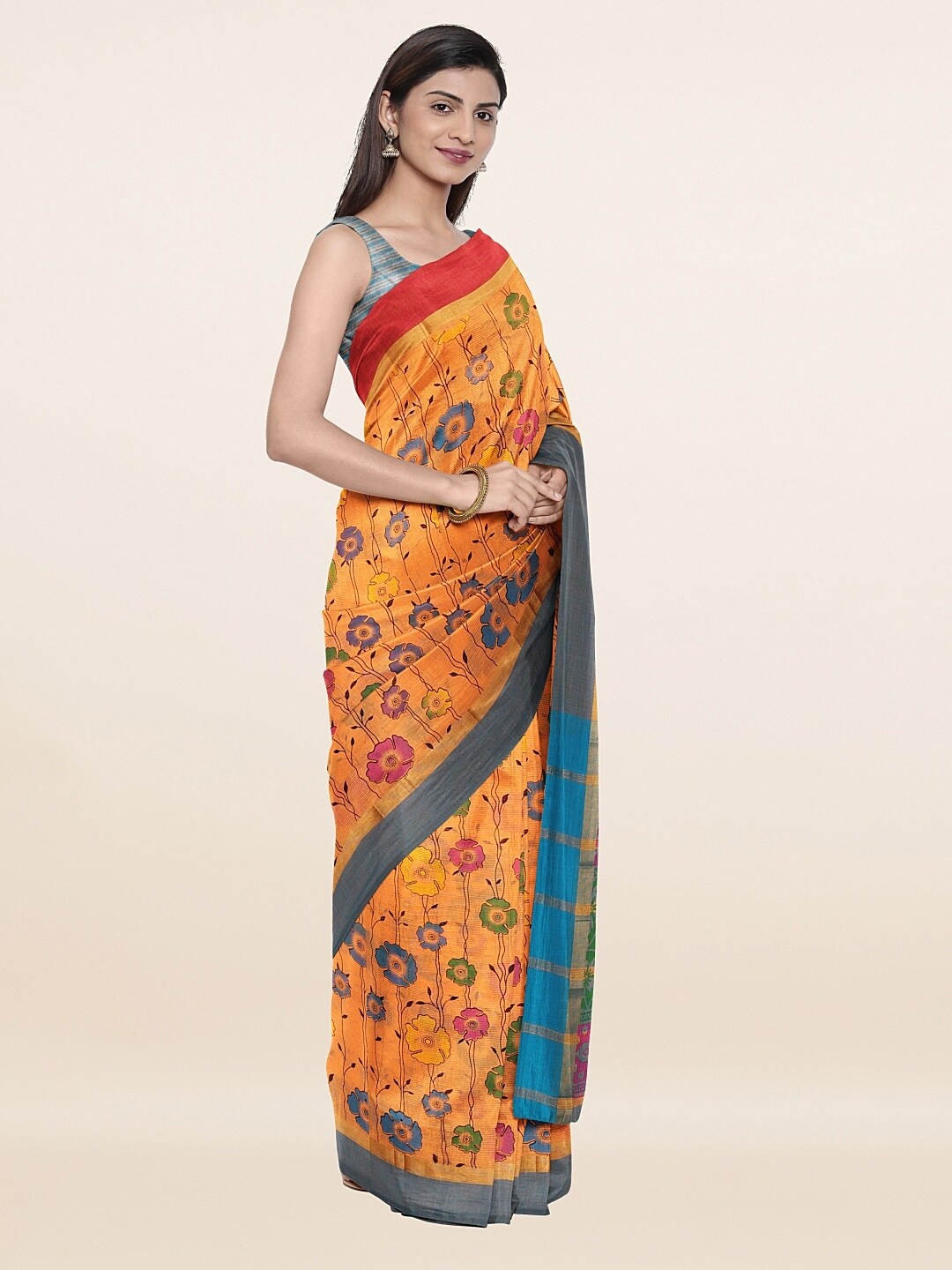 

Pothys Peach-Coloured & Green Floral Pure Cotton Saree
