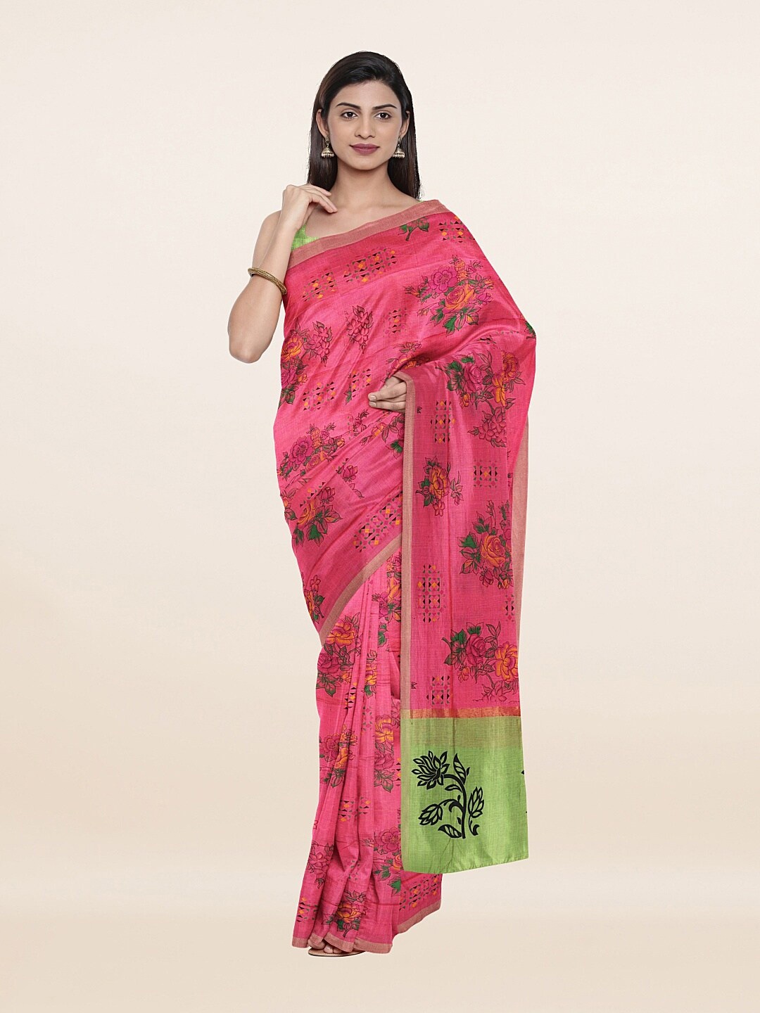 

Pothys Pink & Green Floral Pure Cotton Saree