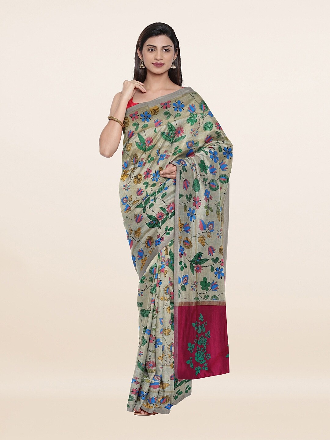 

Pothys Cream-Coloured & Green Floral Pure Cotton Saree