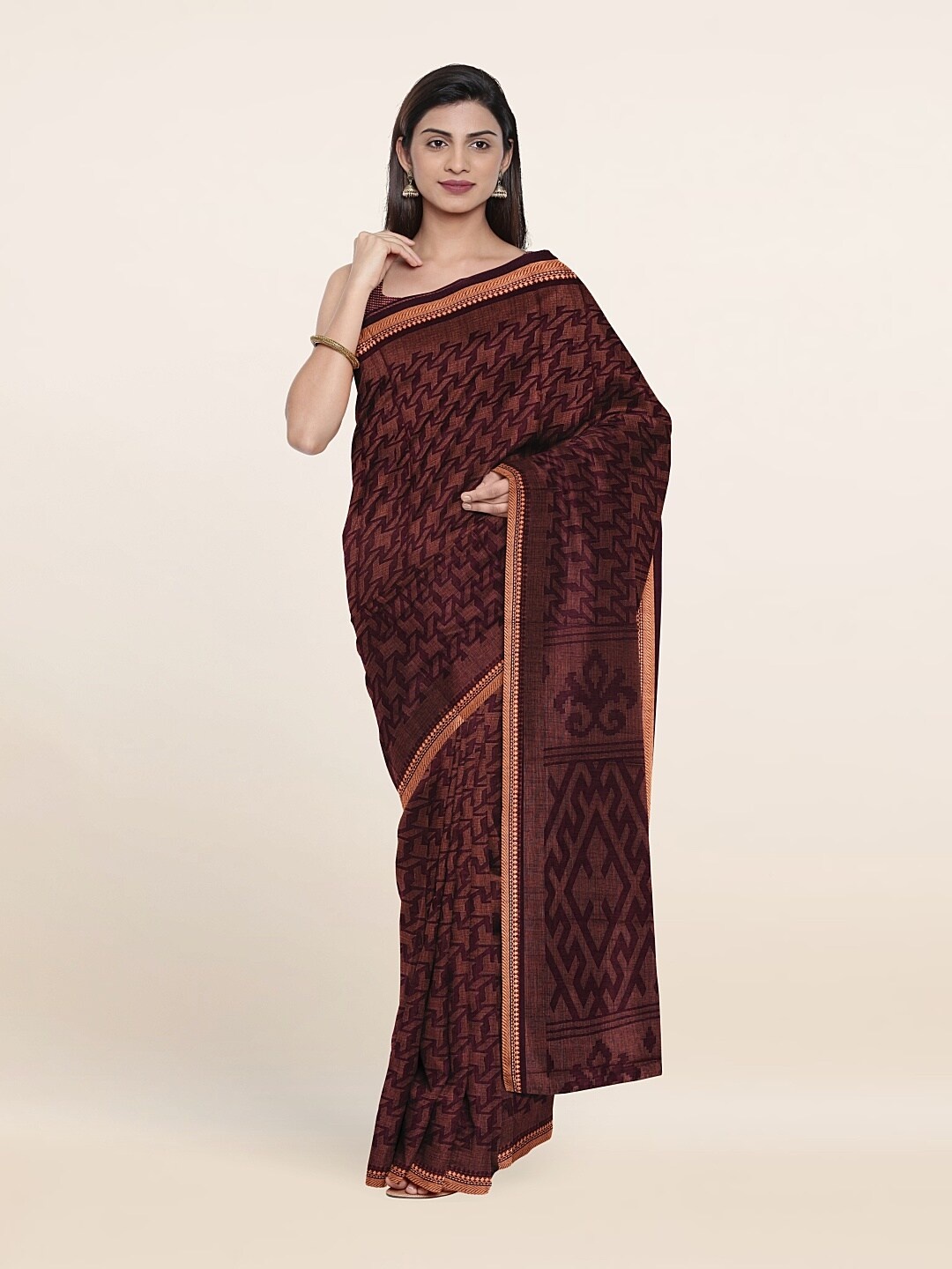

Pothys Violet & Gold-Toned Printed Cotton Blend Saree