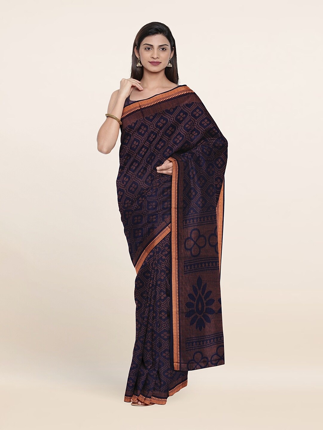 

Pothys Navy Blue & Gold-Toned Printed Cotton Blend Saree