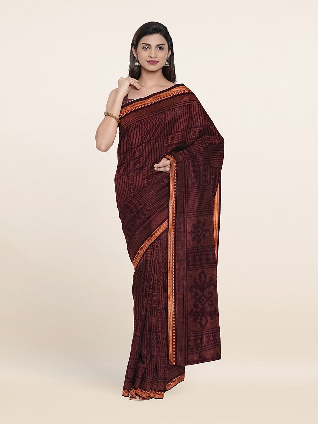 

Pothys Brown & Copper-Toned Cotton Blend printed Saree