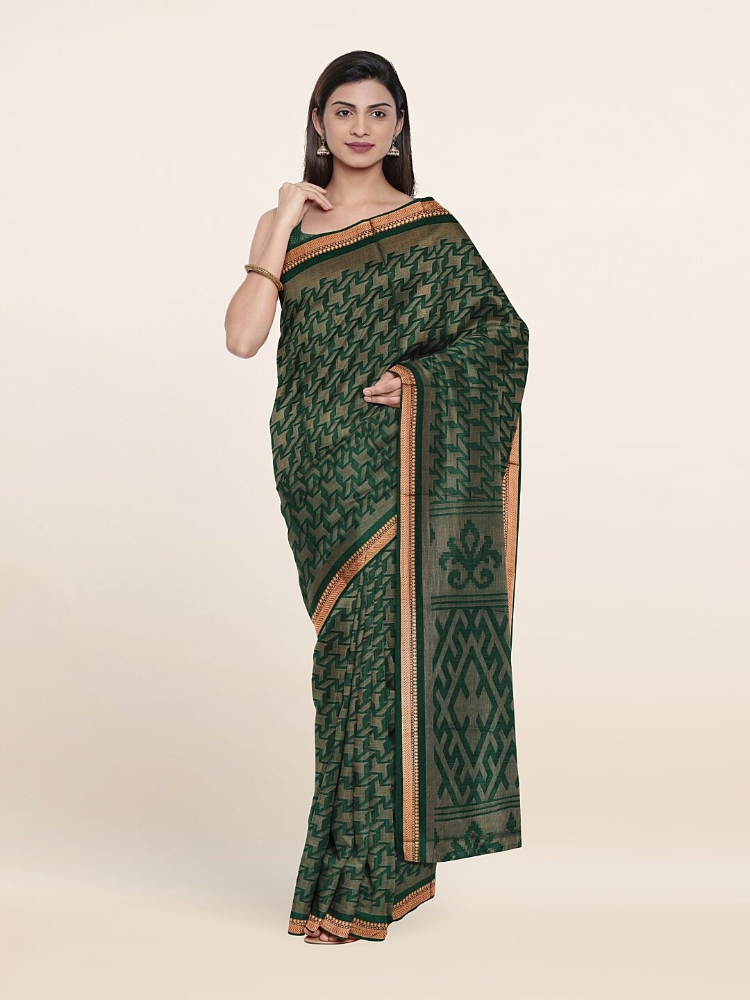 

Pothys Green & Beige Geometric Printed Saree