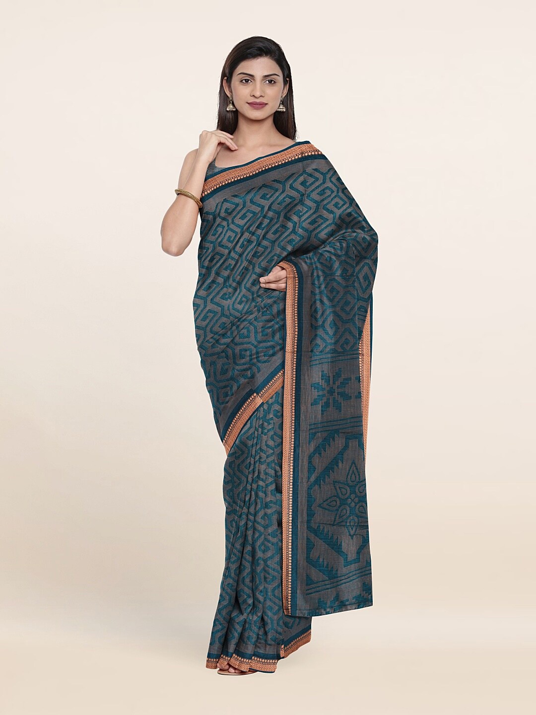 

Pothys Blue & Gold-Toned Ethnic Motifs Printed Saree