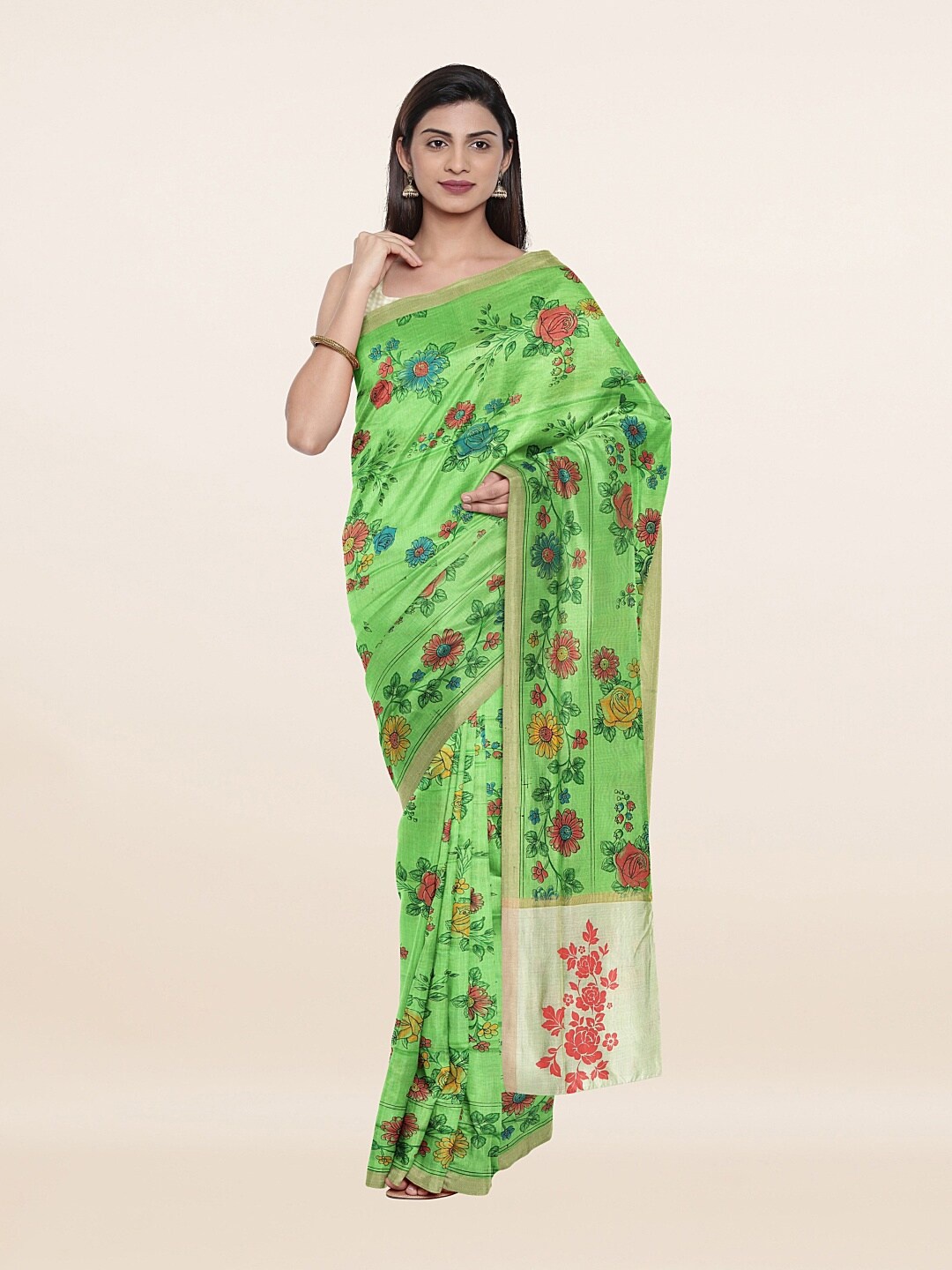 

Pothys Green & Red Floral Printed Pure Cotton Saree