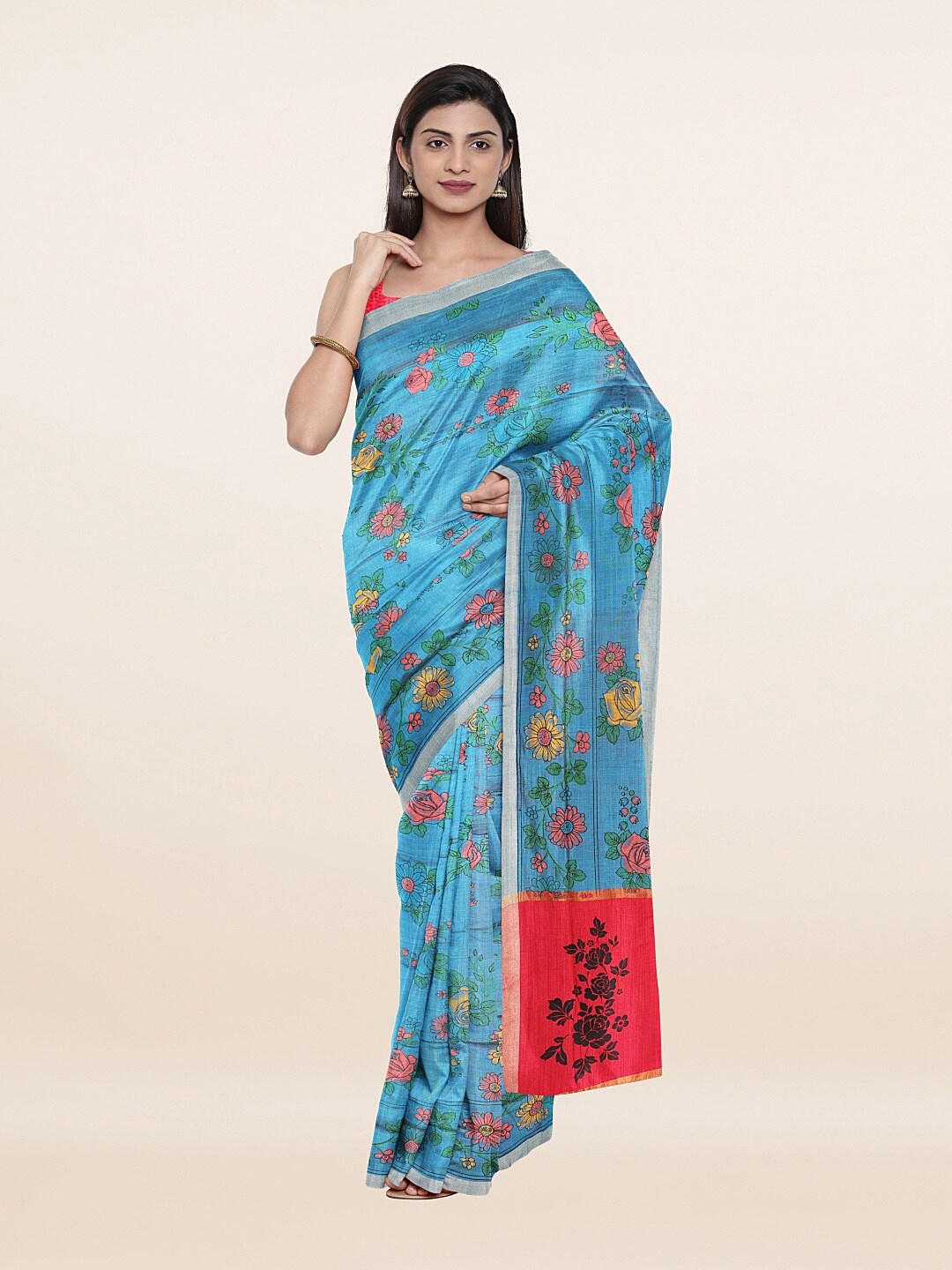 

Pothys Blue & Red Floral Pure Cotton Saree