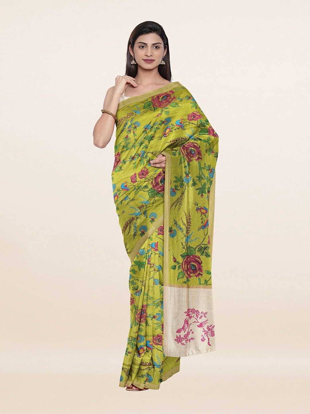 

Pothys Green & Red Floral Zari Pure Cotton Saree