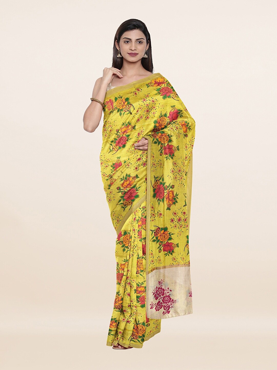 

Pothys Yellow & Red Floral Printed Pure Cotton Saree