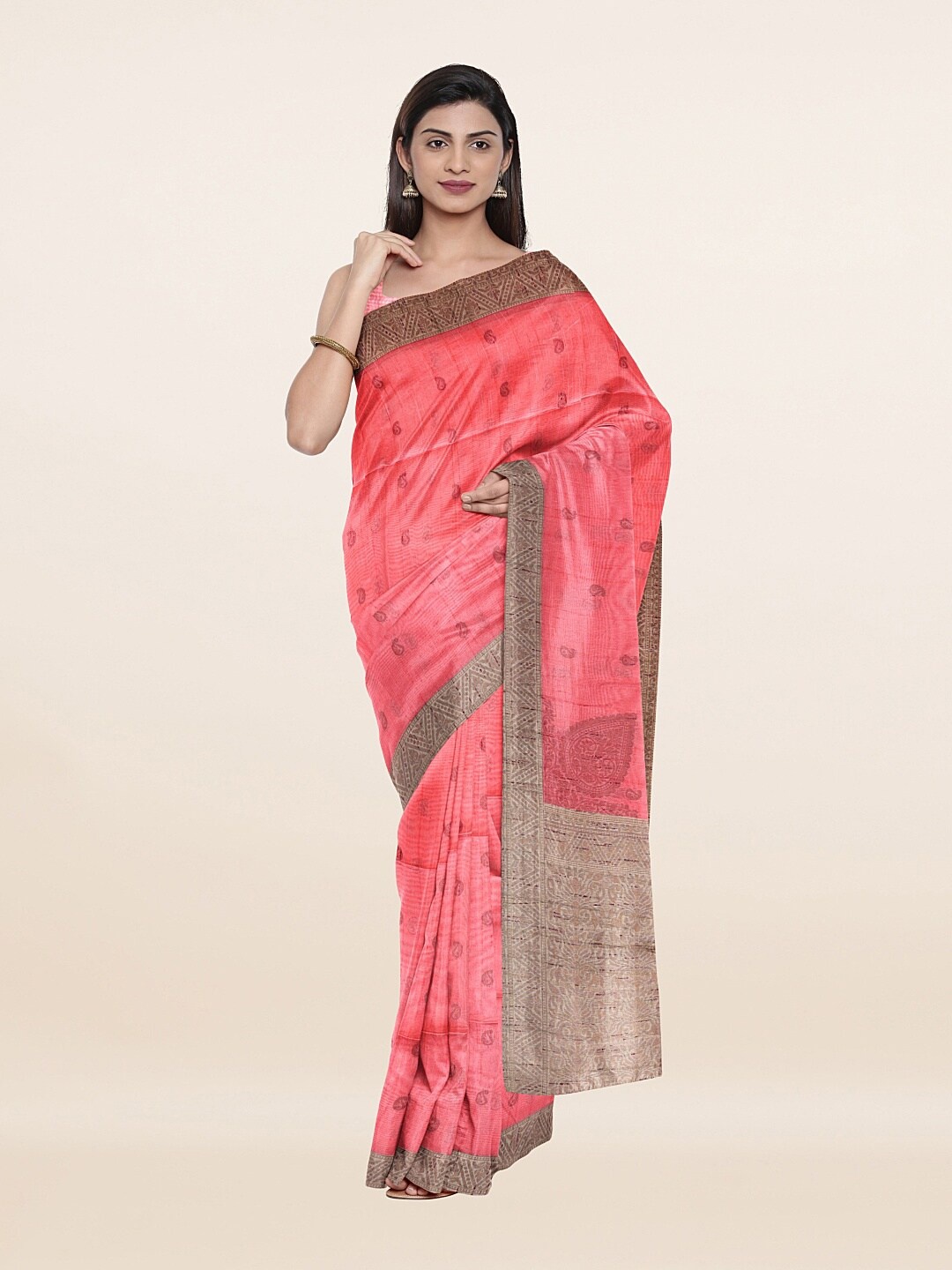 

Pothys Pink & Grey Paisley Pure Cotton Saree