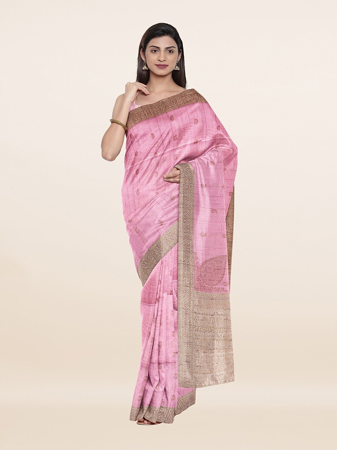 

Pothys Pink & Grey Paisley Pure Cotton Saree