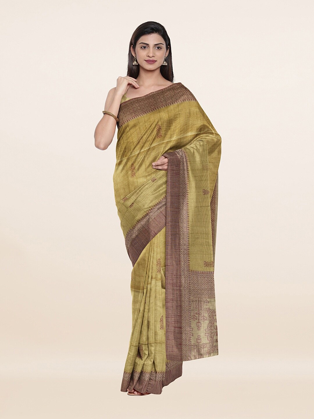 

Pothys Olive Green & Purple Ethnic Motifs Printed Pure Cotton Saree
