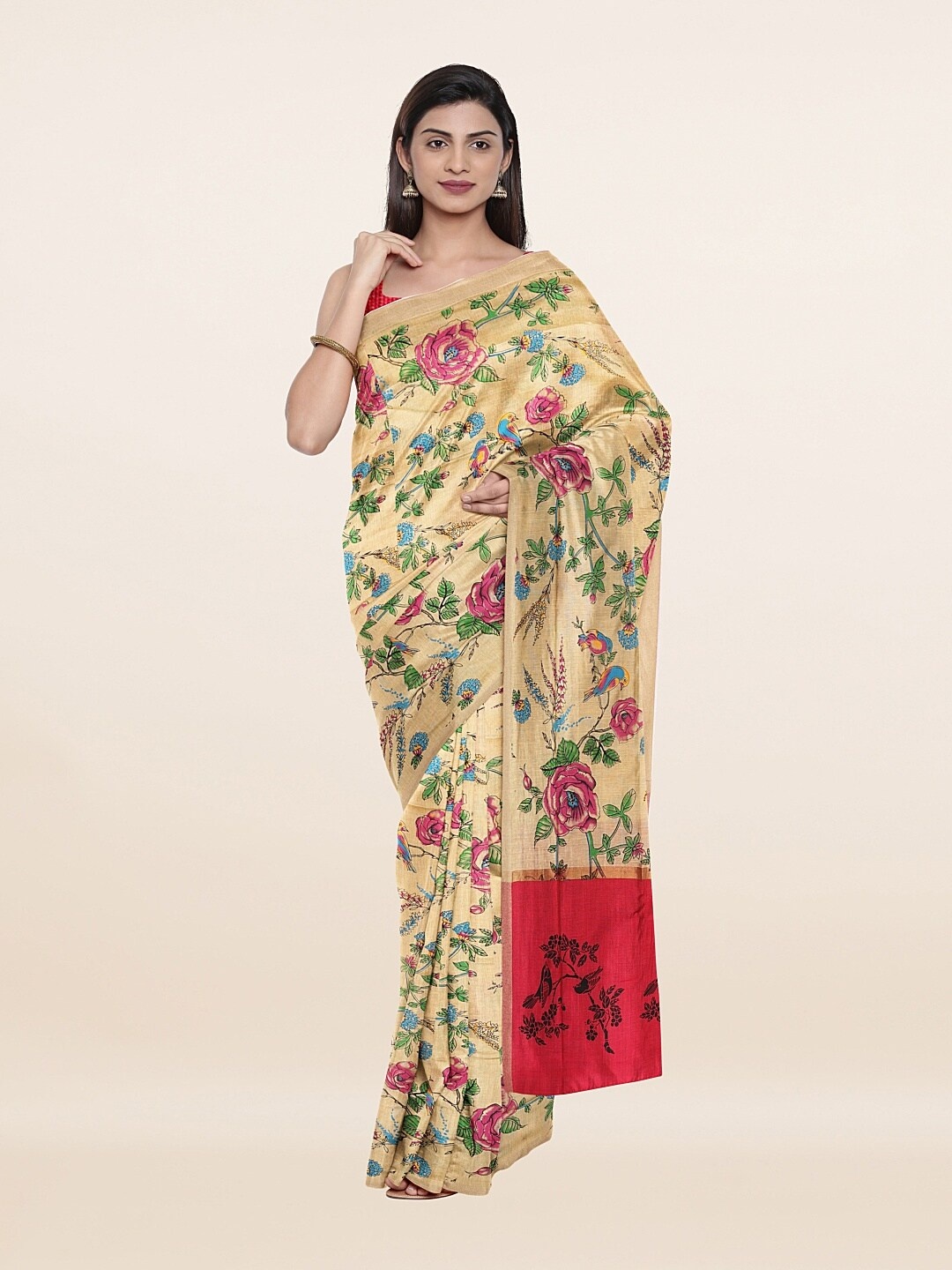 

Pothys Cream-Coloured & Green Floral Pure Cotton Saree