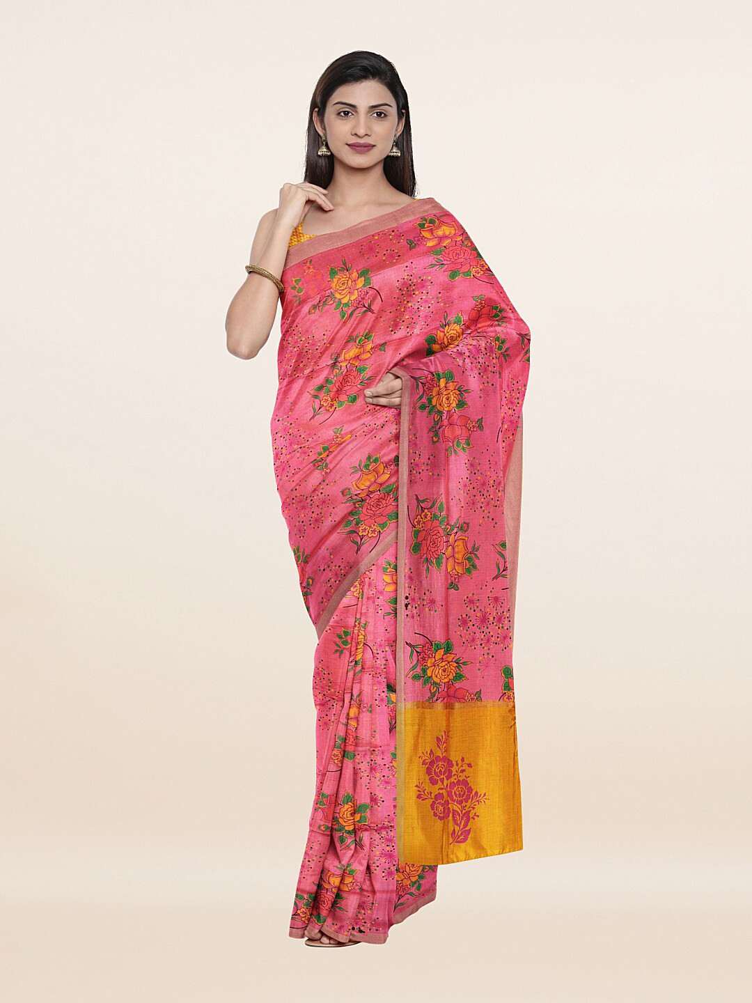 

Pothys Pink & Yellow Floral Zari Pure Cotton Saree