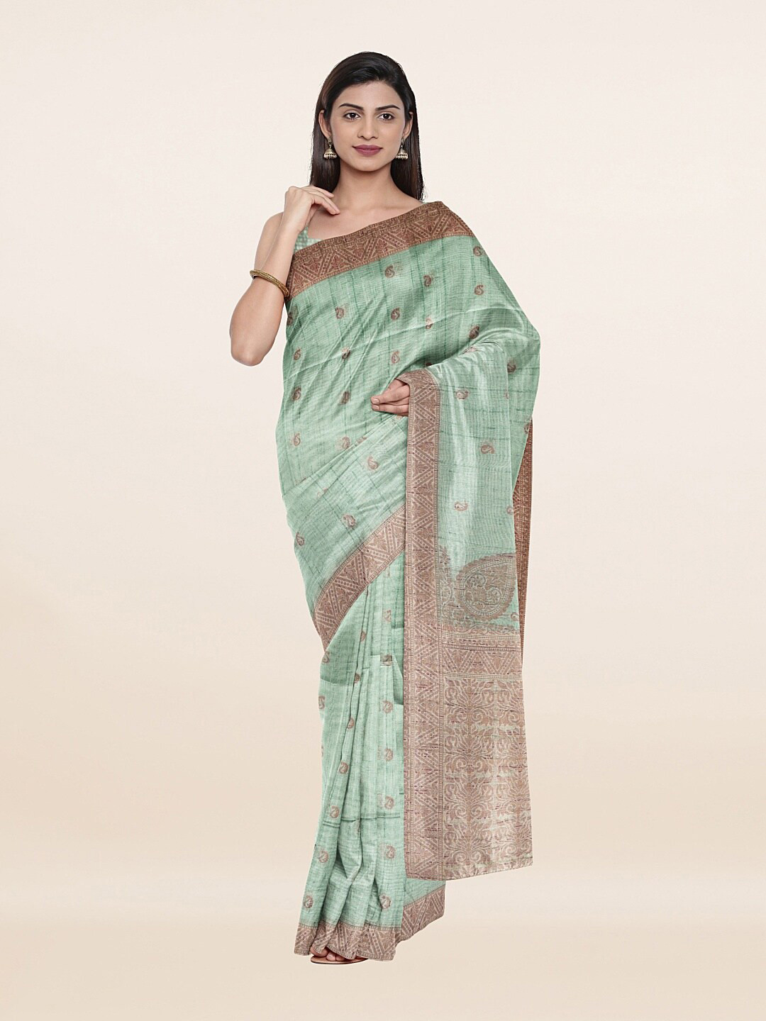

Pothys Green & Brown Paisley Printed Pure Cotton Saree