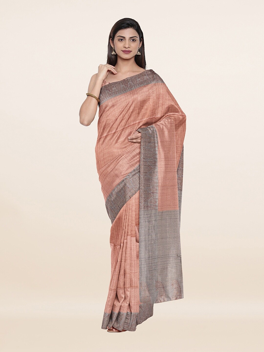 

Pothys Peach-Coloured & Grey Woven Design Pure Cotton Saree