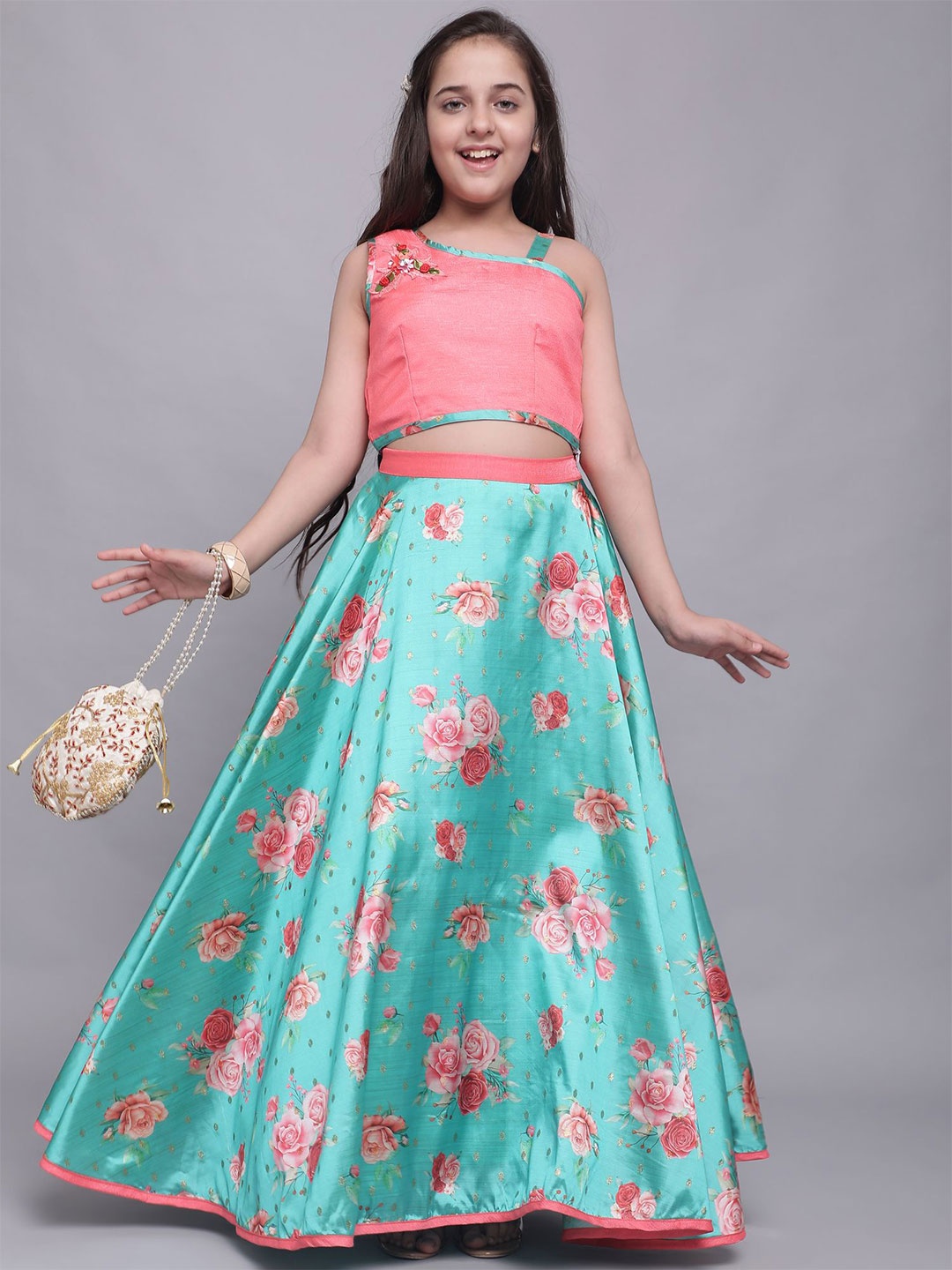 

White World Girls Peach & Turquoise Blue Ready to Wear Lehenga & Choli