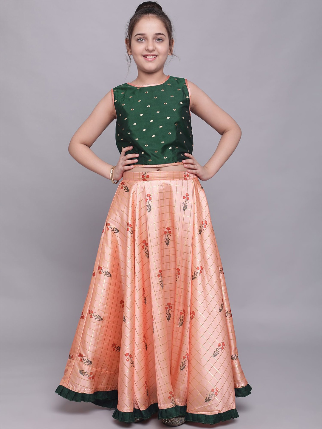 

White World Girls Coral & Green Printed Ready to Wear Lehenga & Choli