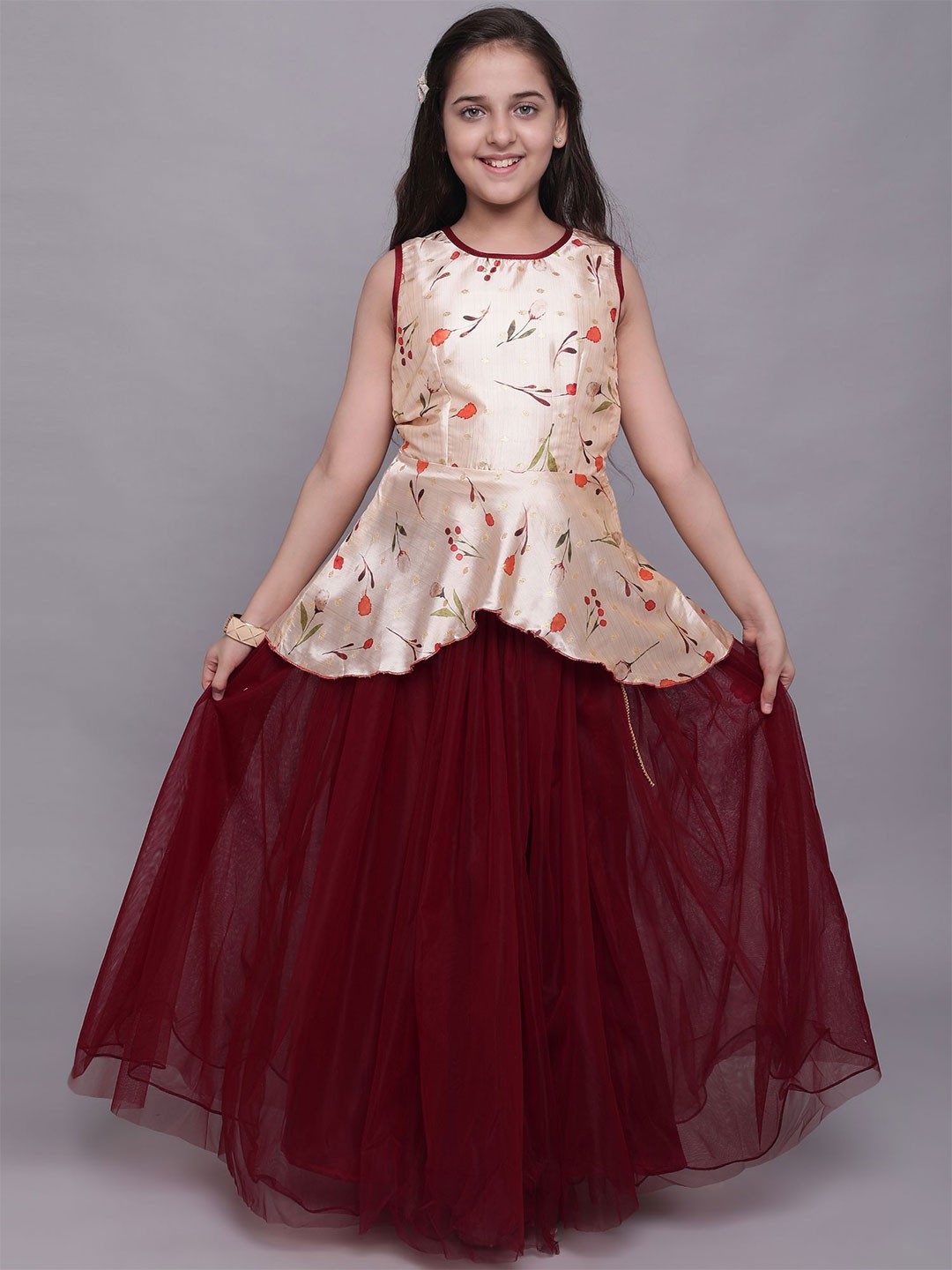 

White World Girls Cream-Coloured & Maroon Printed Ready to Wear Lehenga & Blouse