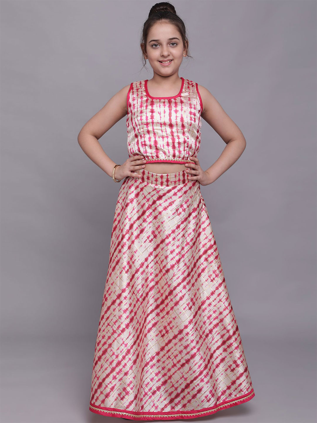 

White World Girls Pink & White Shibori Ready to Wear Lehenga Choli
