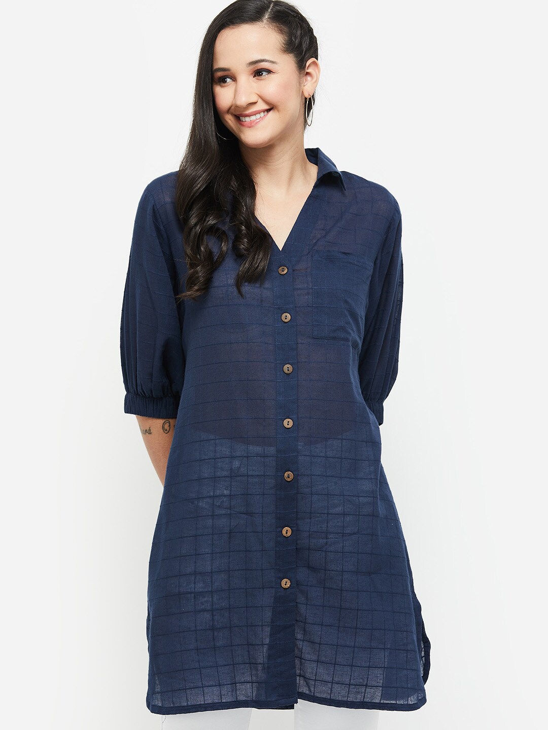 

max Women Navy Blue Checked Cotton Tunic