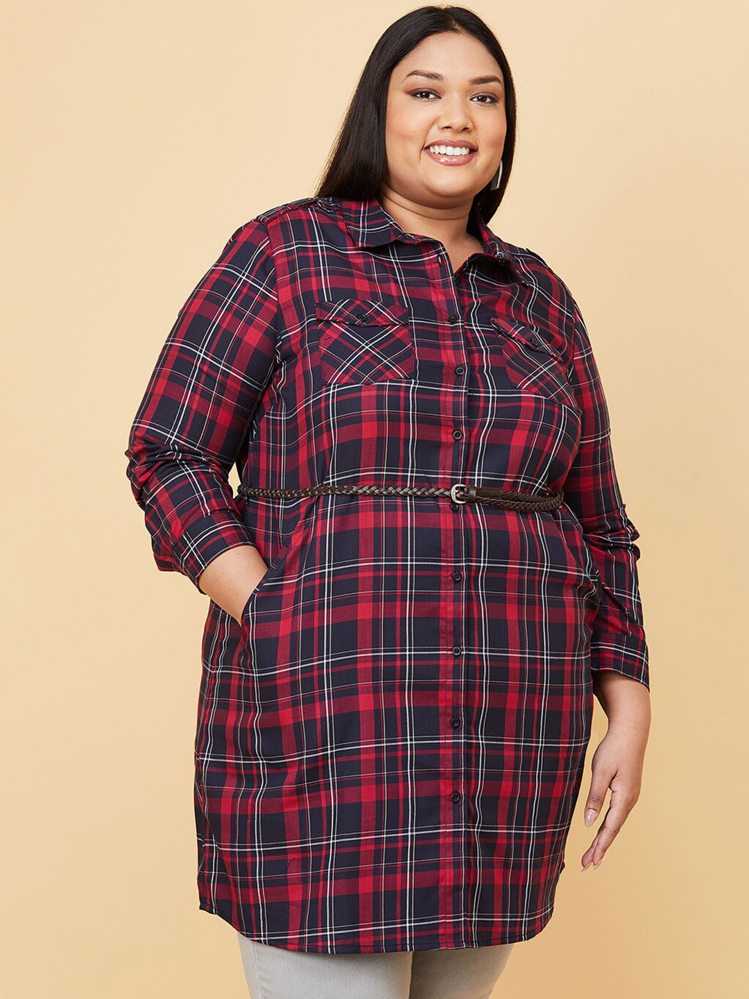 

max Plus Size Navy Blue & Red Shirt Collar Checked Pure Cotton Tunic