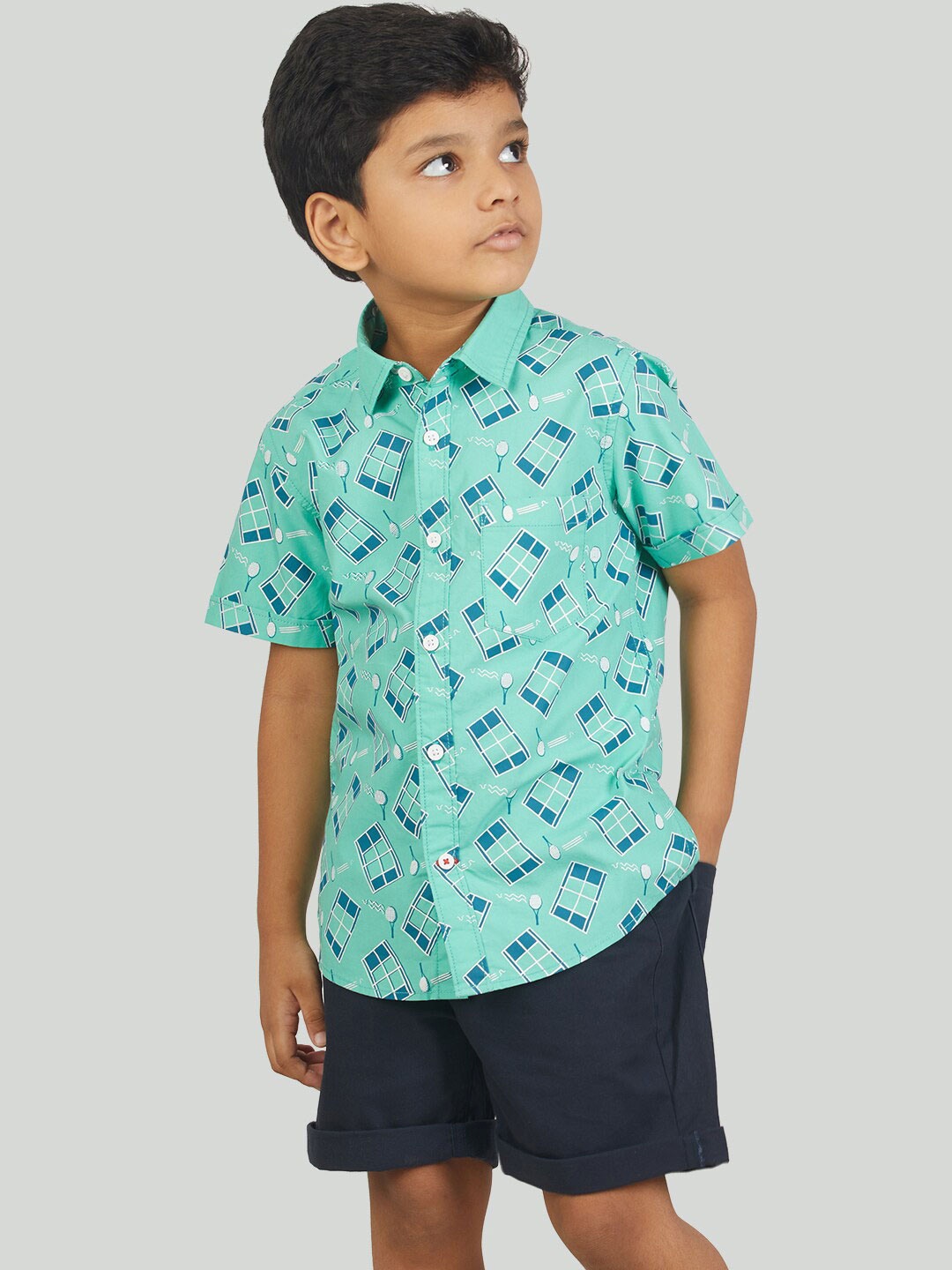 

Zalio Boys Teal & Navy Blue Printed Pure Cotton Shirt with Shorts