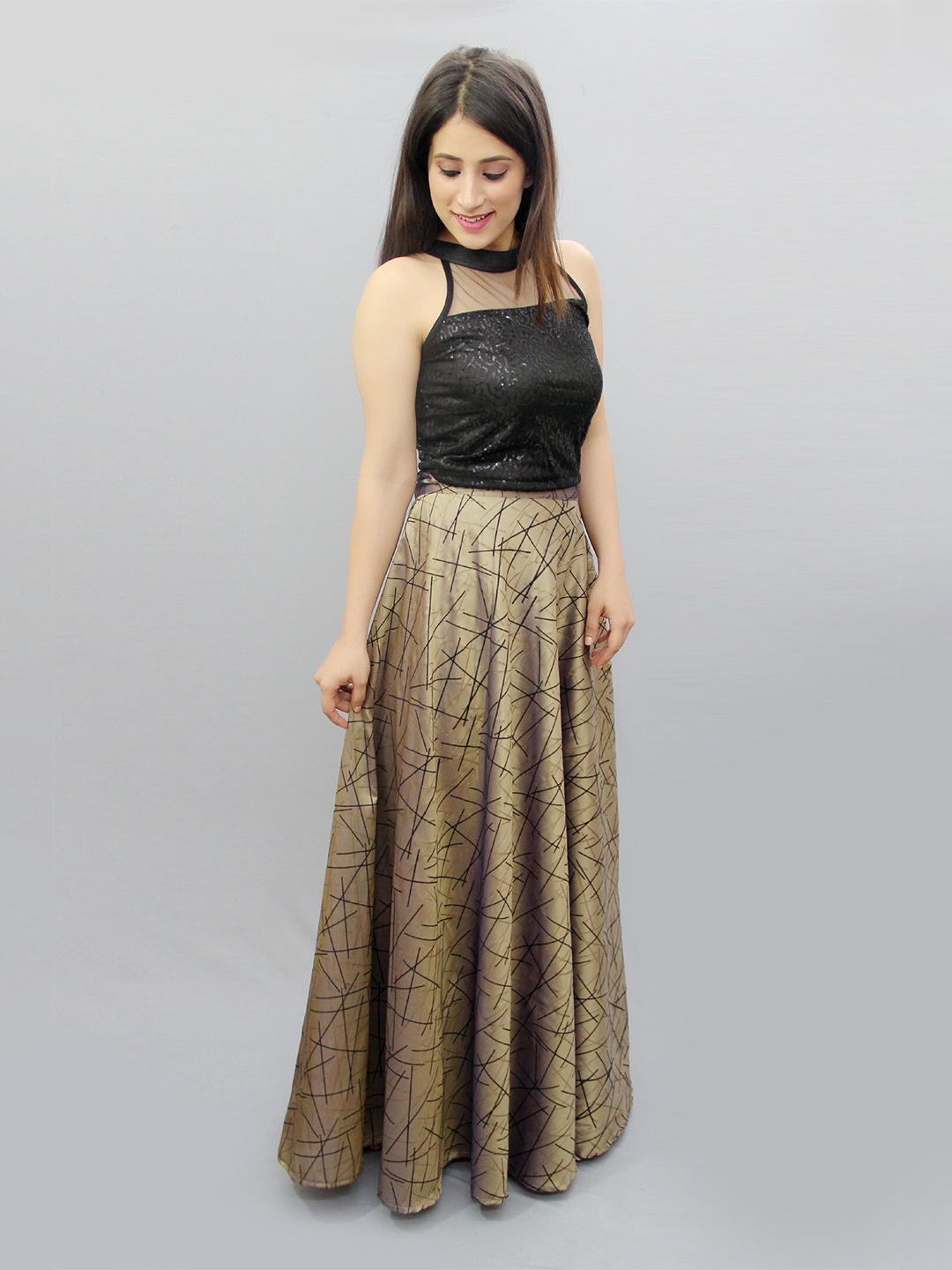 

CRAZEVILLA Women Black & Brown Embellished Top with Skirt