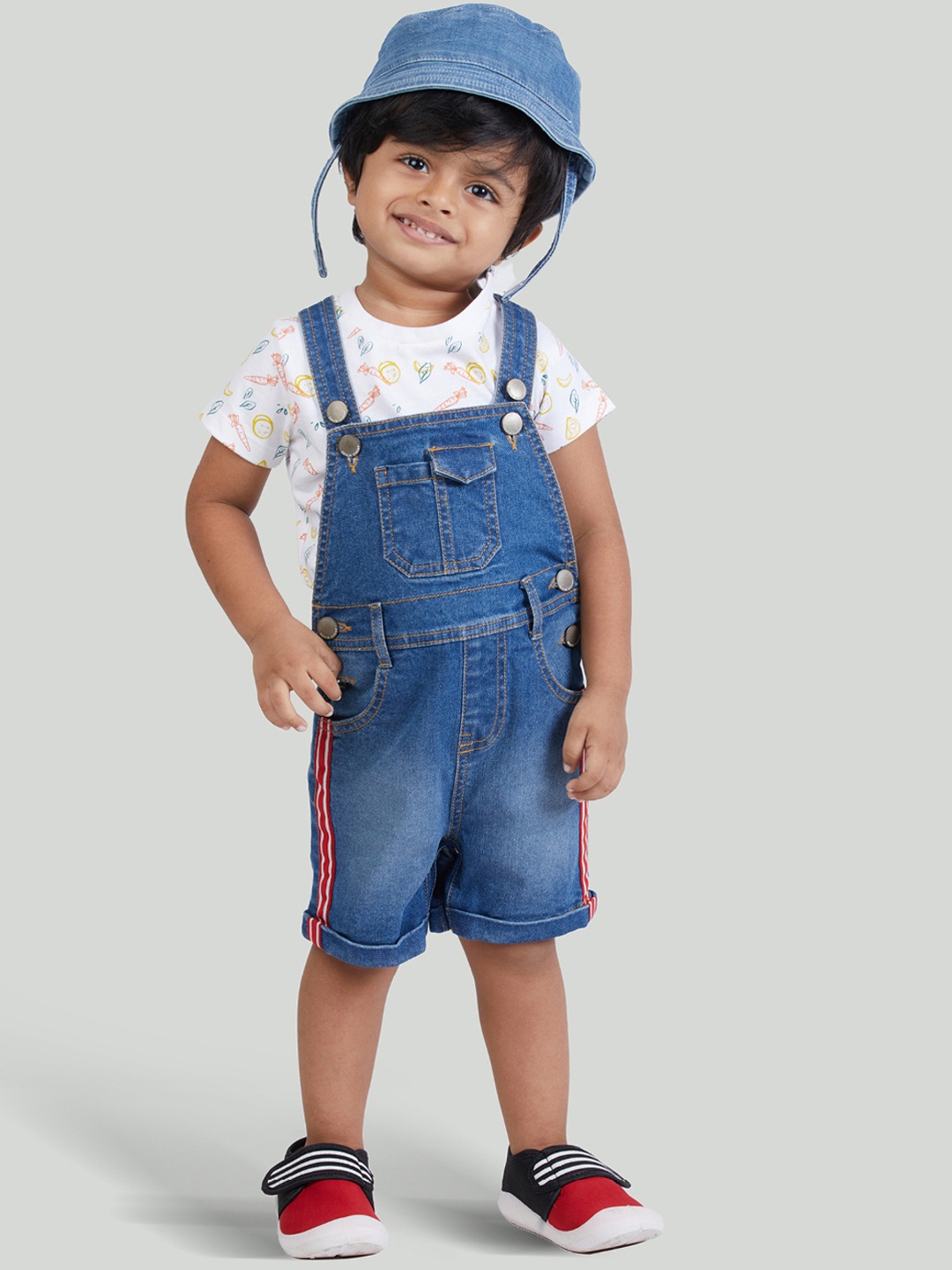 

Zalio Boys Blue Solid Denim Dungarees and T-Shirt with Hat
