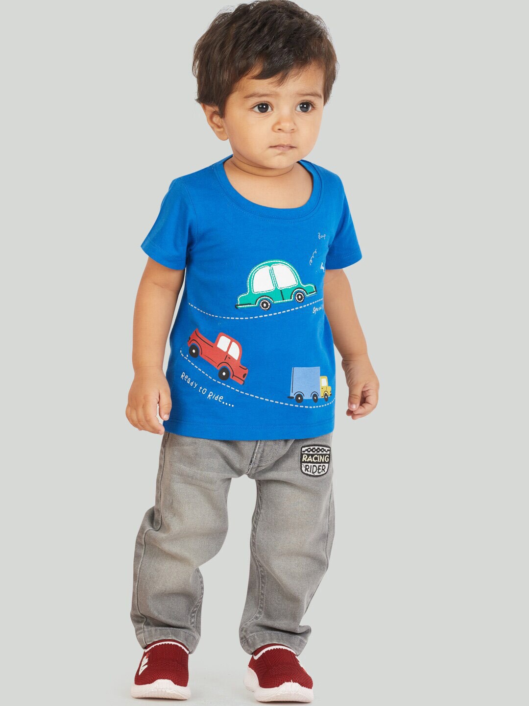 

Zalio Boys Blue & Grey Printed Pure Cotton T-shirt with Trousers