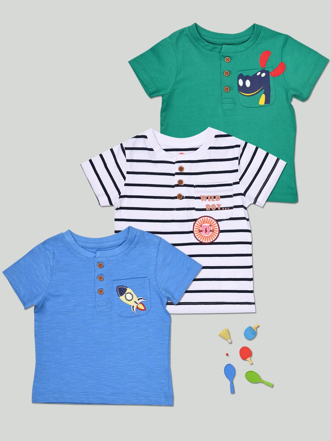 

Zalio Pack Of 3 Boys Multicolored Printed Cotton Henley Neck T-shirt, Multi