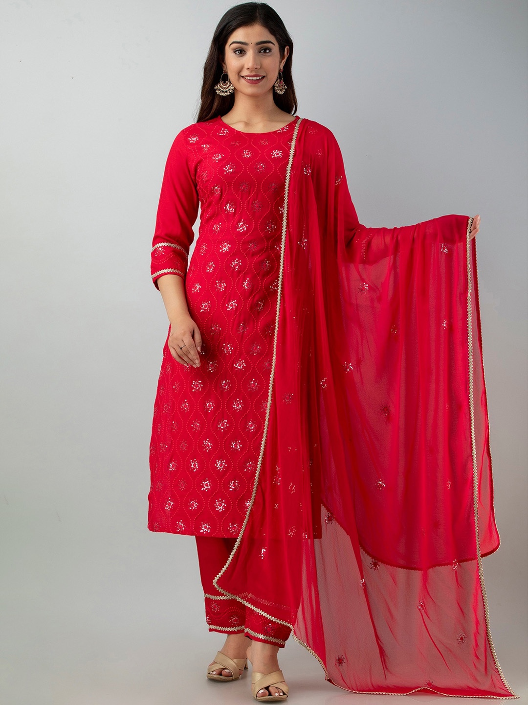 

Charu Women Pink Ethnic Motifs Embroidered Kurta with Trousers & With Dupatta