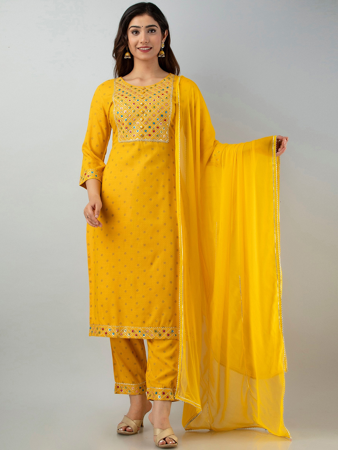 

Charu Women Mustard Yellow Ethnic Motifs Embroidered Kurti with Trousers & With Dupatta