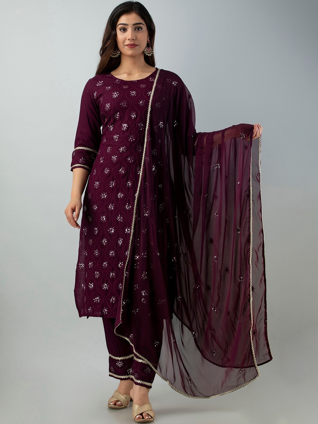 

Charu Women Violet Floral Embroidered Sequinned Kurta with Trousers & With Dupatta
