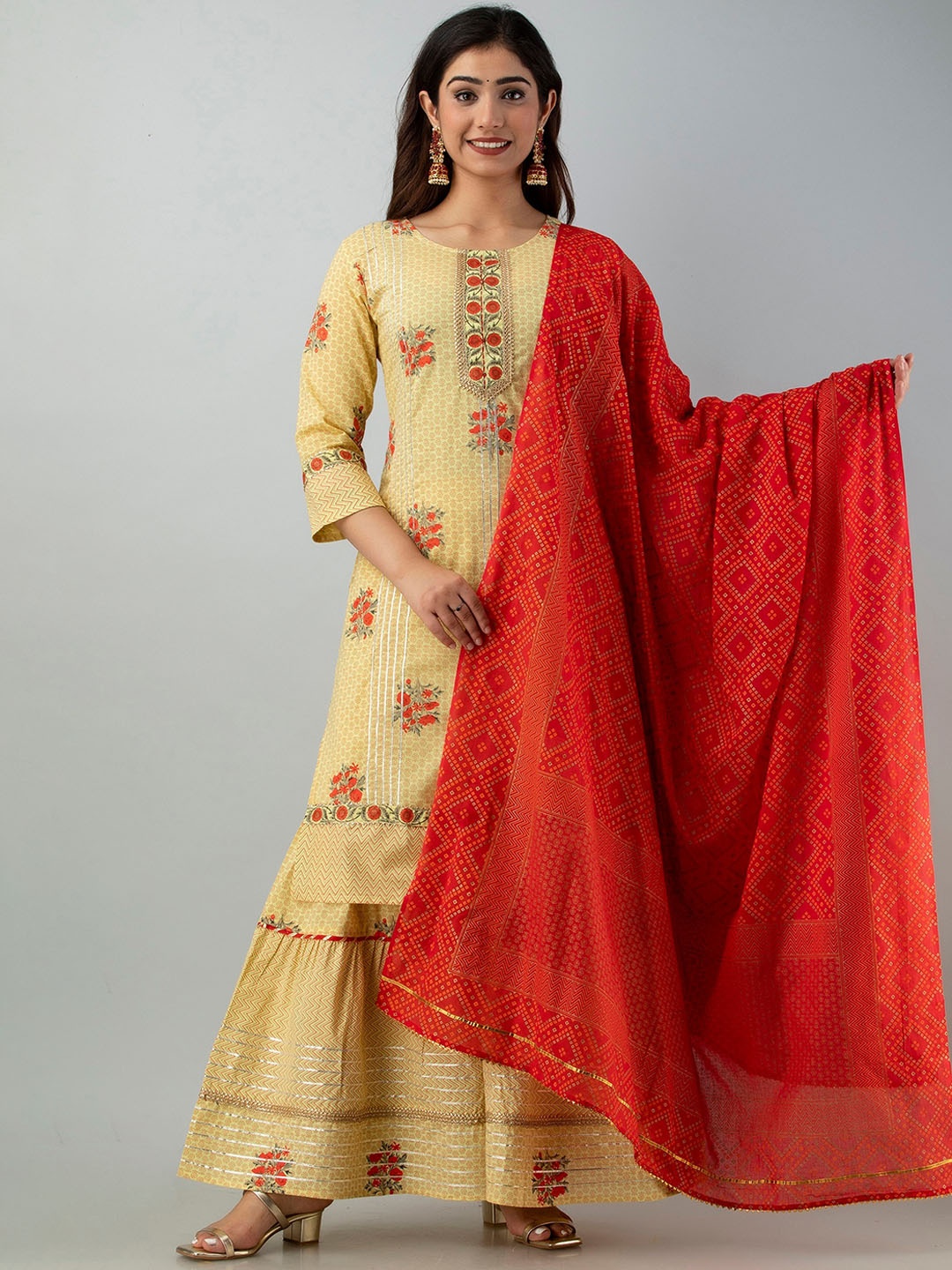 

Charu Women Yellow & Red Ethnic Motifs Printed Gotta Patti Kurta with Sharara & Dupatta