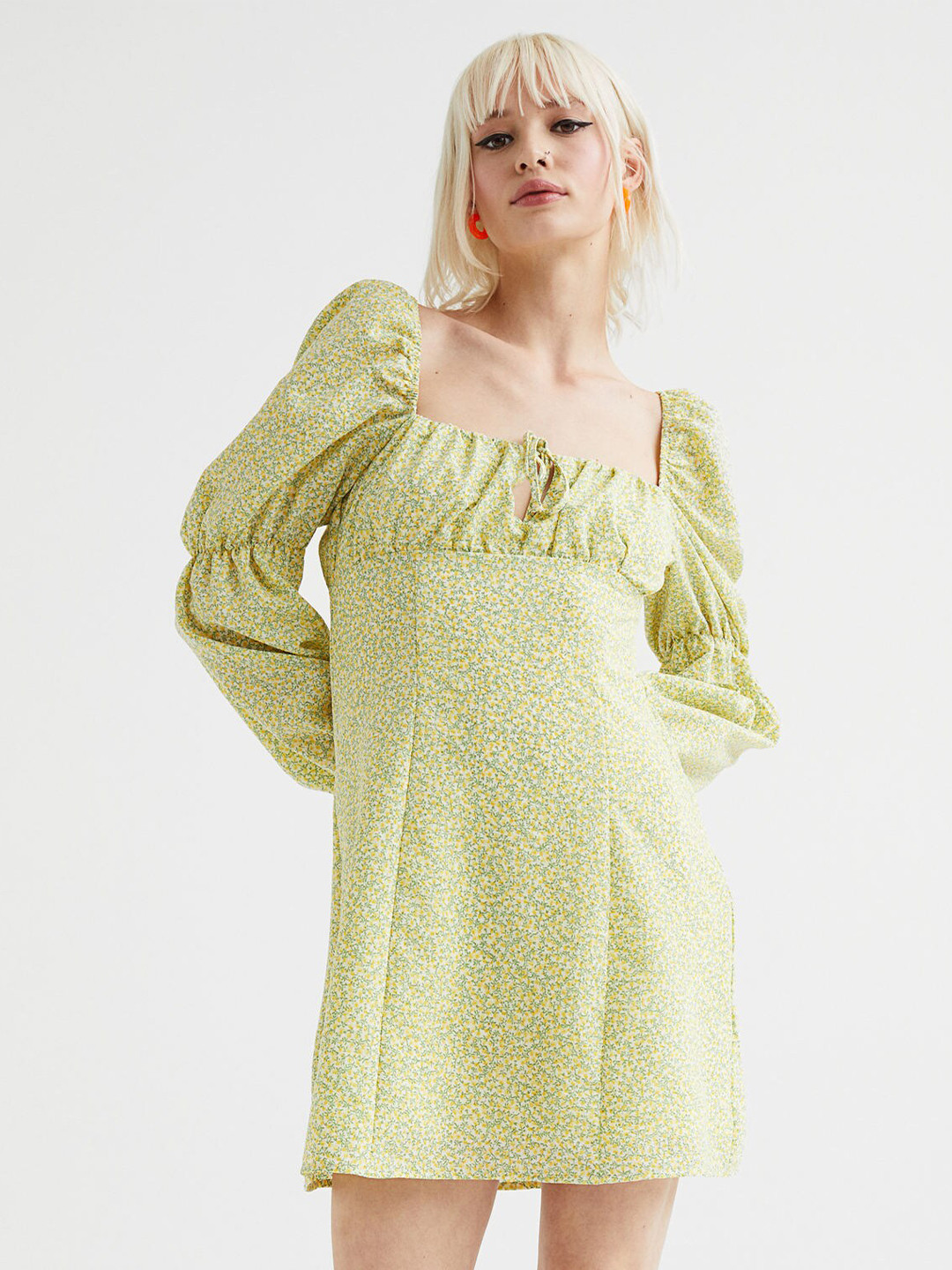 

H&M Women Yellow & Green Printed Empire Balloon-Sleeved Dress