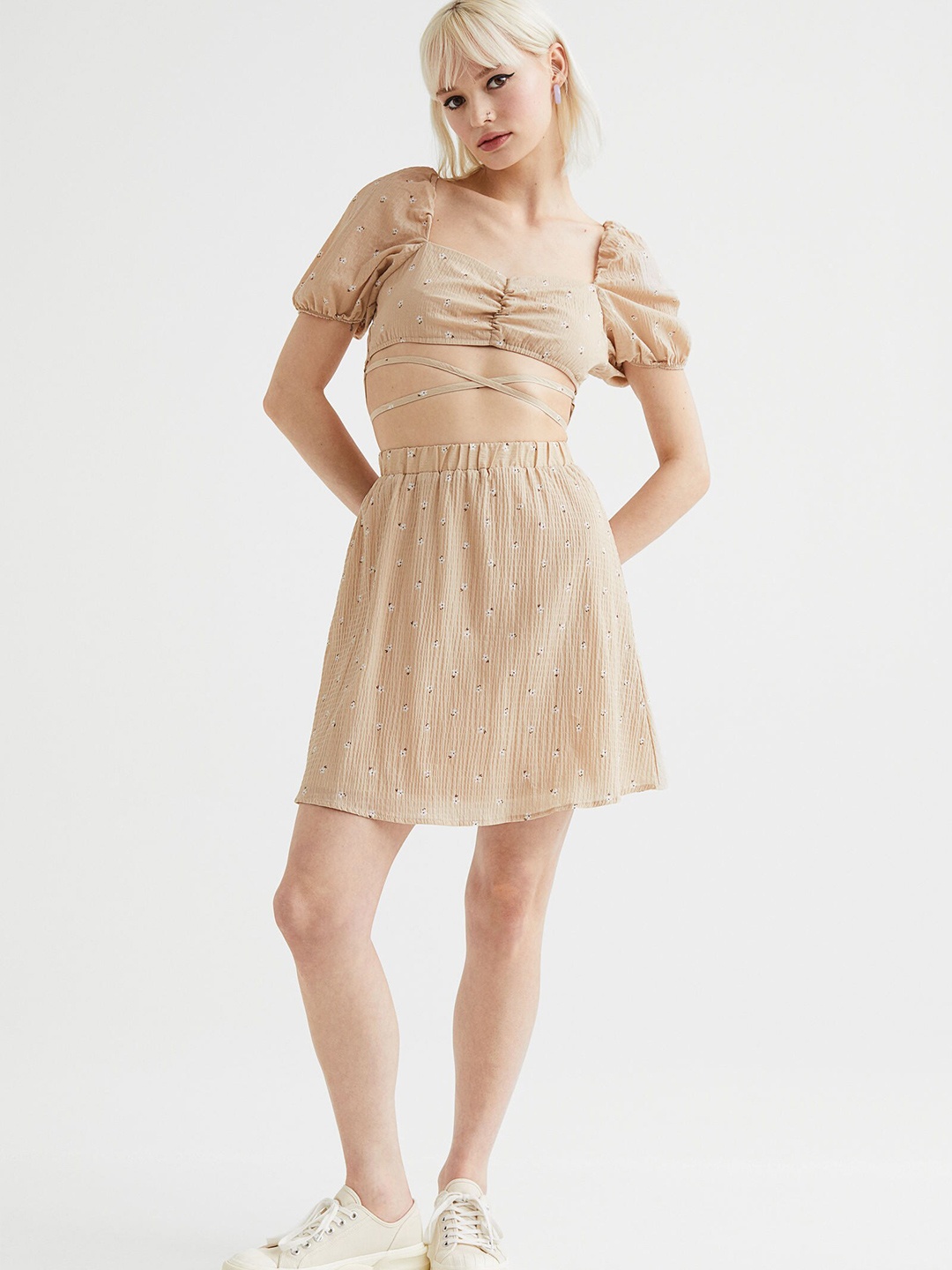 

H&M Two-Piece Tie-Detail Dress, Beige