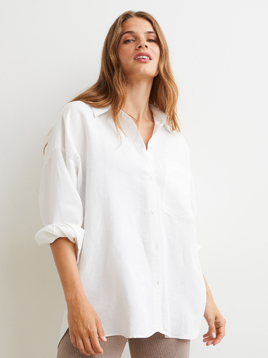 

H&M Women White Solid Oversized Linen-Blend Shirt