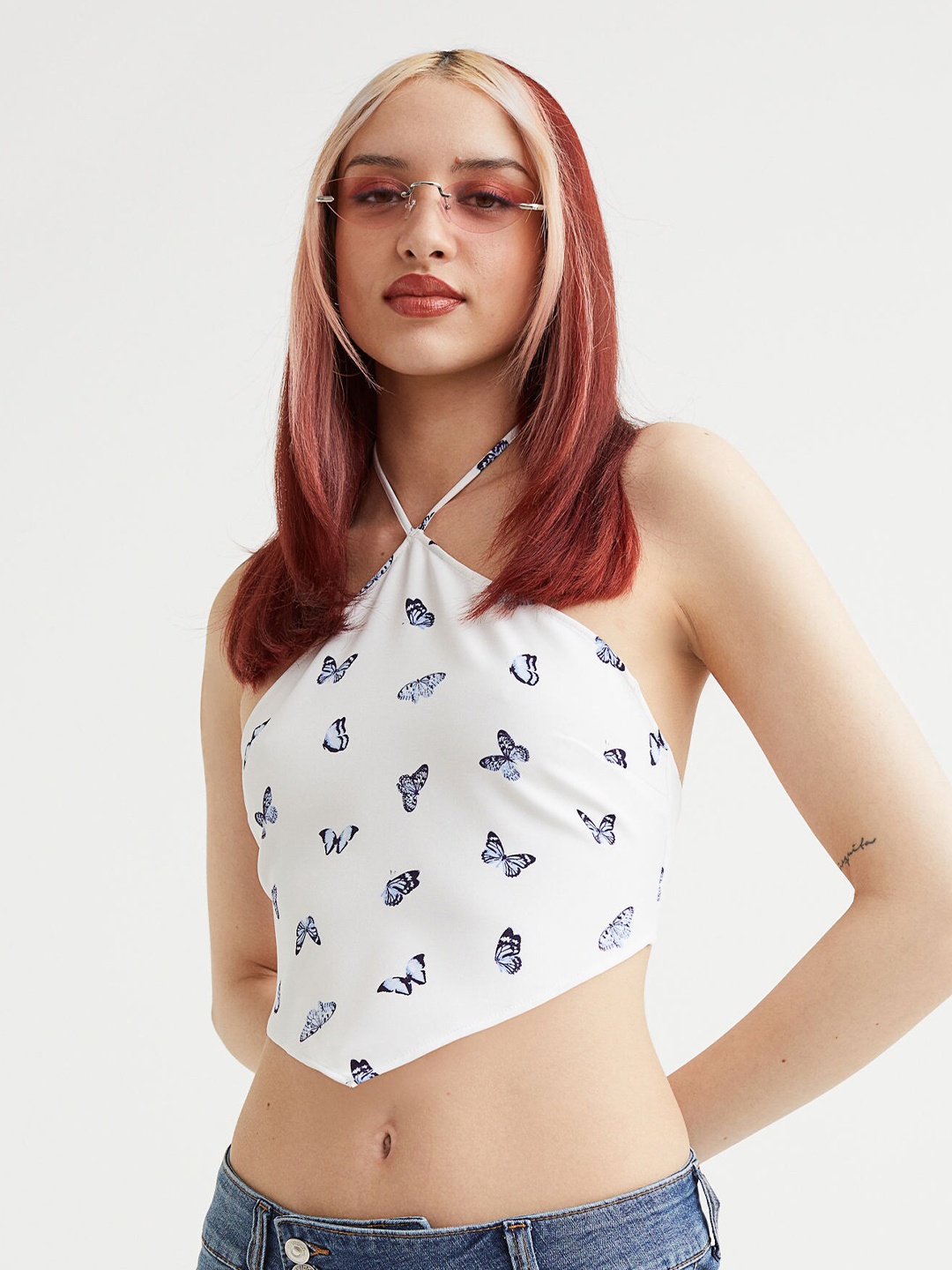 

H&M Women White Butterfly Printed Halterneck Cropped Top